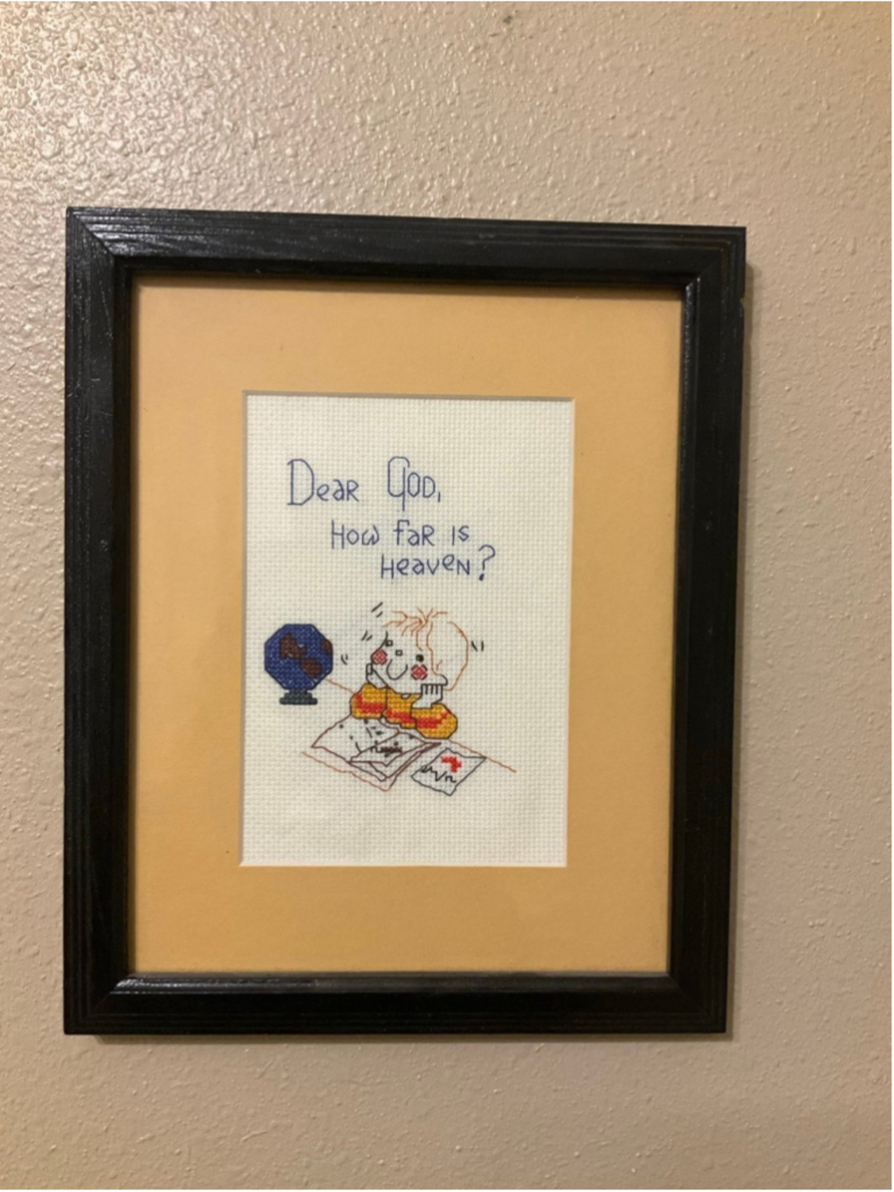 Vintage “Dear God How Far Is Heaven?” Framed Cross Stitch Wall Art